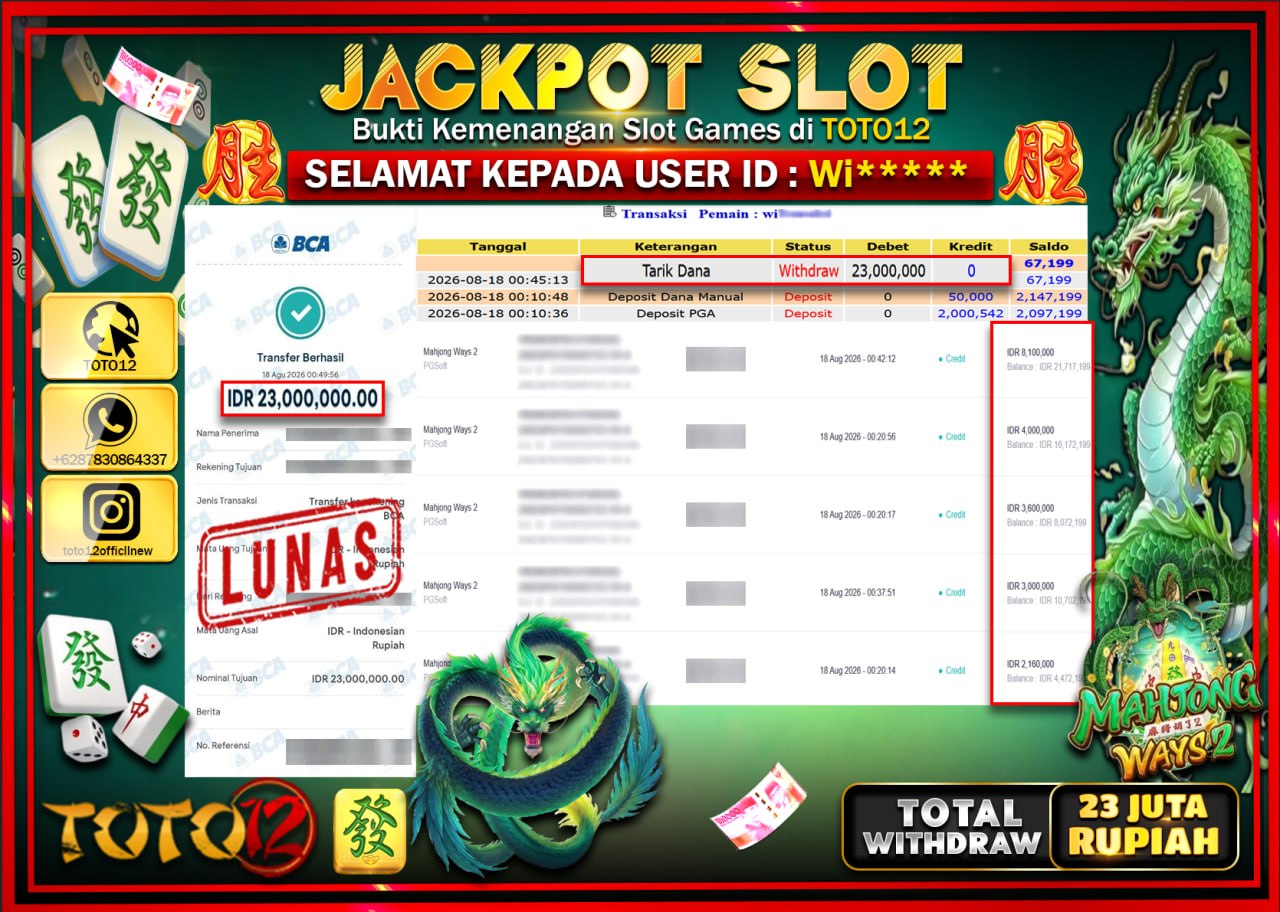 HANYA DI TOTO12 JP PASTI DI BAYAR LUNAS DAN CEPAT!!!!!! JACKPOT SLOT GAME (MAHJONG WAYS 2) Rp23.000.000!!!!