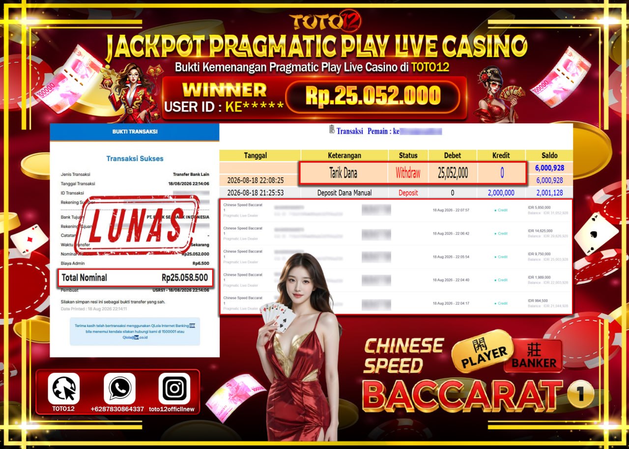 HANYA DI TOTO12 JP PASTI DI BAYAR LUNAS DAN CEPAT!!!!!! JACKPOT PRAGMATIC PLAY LIVE GAME CASINO (CHINESE SPEED BACCARAT 1) Rp25.052.000!!!!