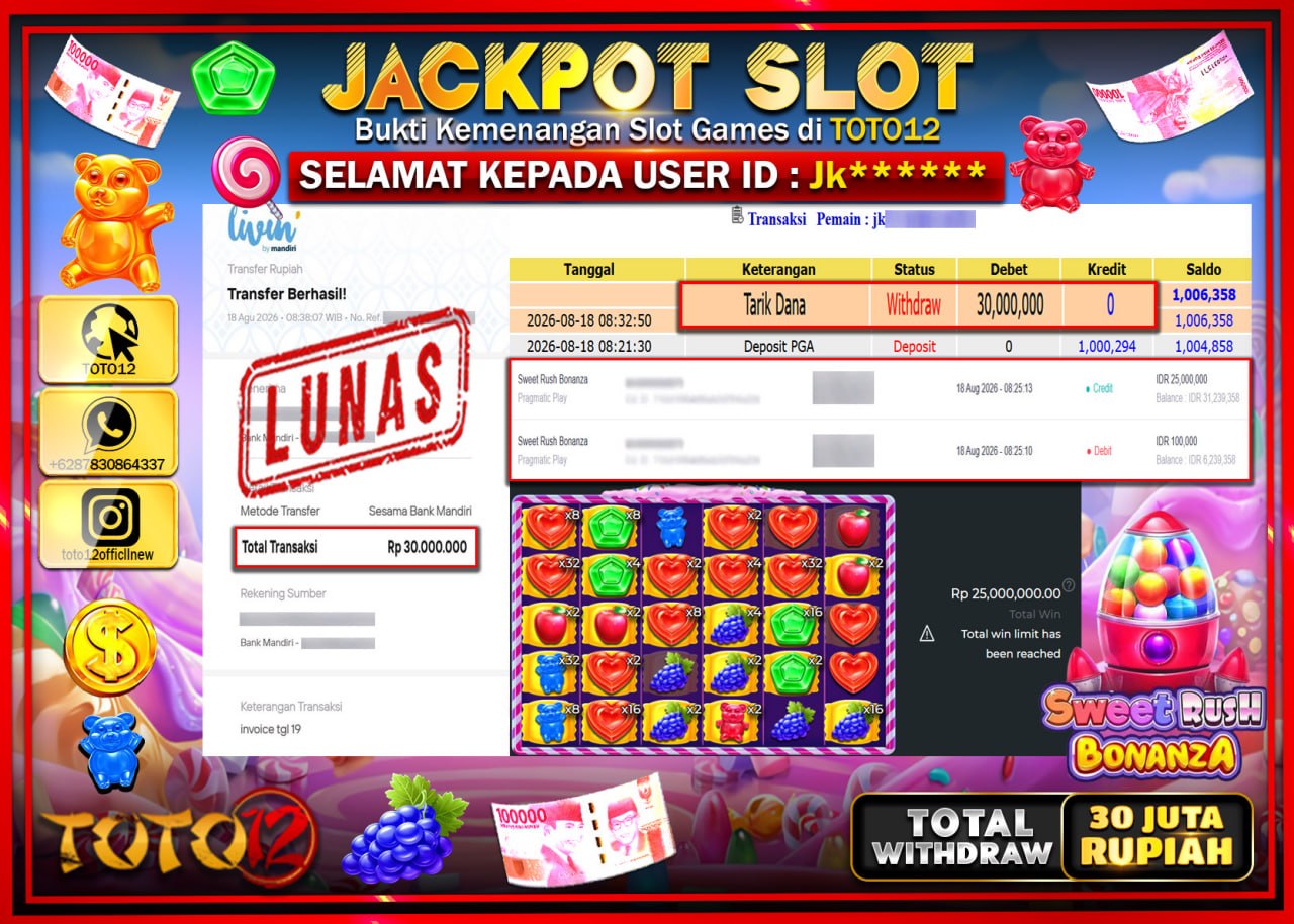 HANYA DI TOTO12 JP PASTI DI BAYAR LUNAS DAN CEPAT!!!!!! JACKPOT SLOT GAME (SWEET RUSH BONANZA) Rp30.000.000!!!!