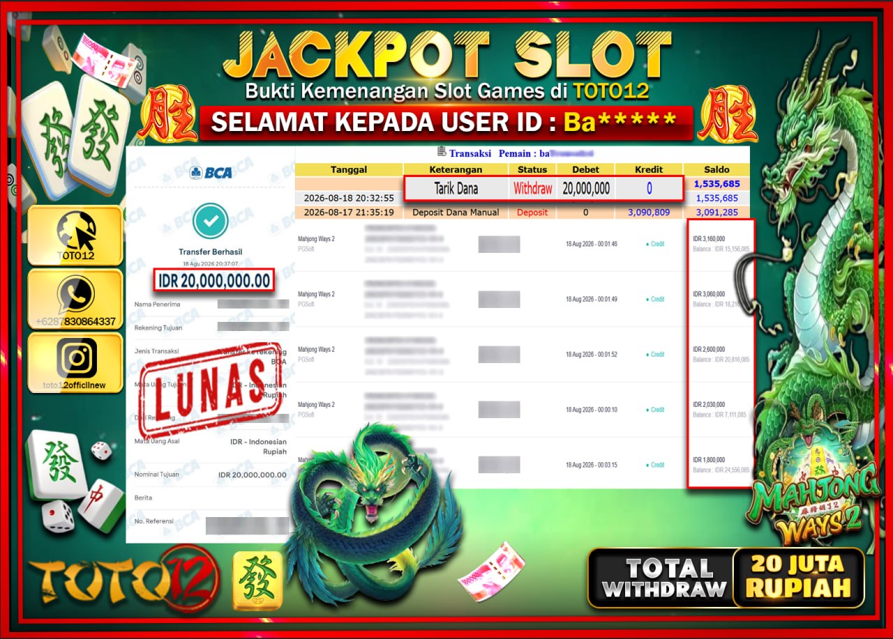 HANYA DI TOTO12 JP PASTI DI BAYAR LUNAS DAN CEPAT!!!!!! JACKPOT SLOT GAME (MAHJONG WAYS 2) Rp20.000.000!!!!