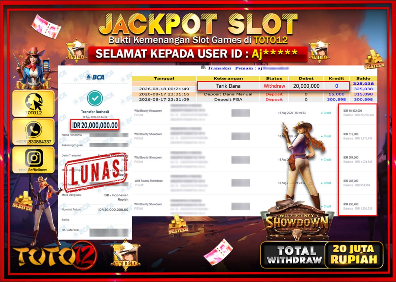 HANYA DI TOTO12 JP PASTI DI BAYAR LUNAS DAN CEPAT!!!!!! JACKPOT SLOT GAME (WILD BOUNTY SHOWDOWN) Rp20.000.000!!!!