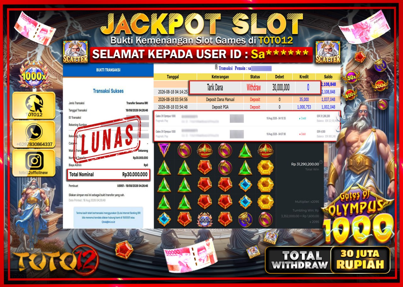 HANYA DI TOTO12 JP PASTI DI BAYAR LUNAS DAN CEPAT!!!!!! JACKPOT SLOT GAME (GATES OF OLYMPUS 1000) Rp30.000.000!!!!