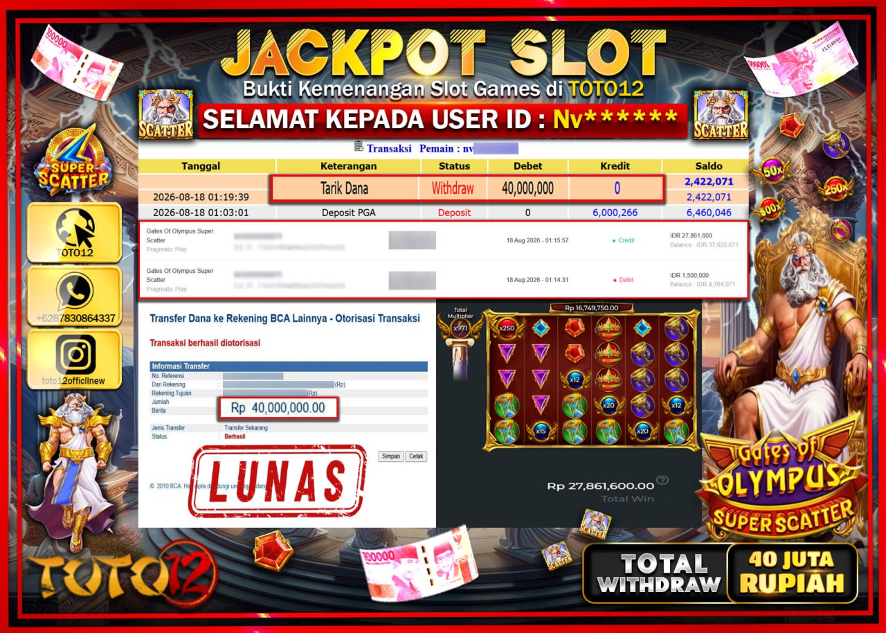 HANYA DI TOTO12 JP PASTI DI BAYAR LUNAS DAN CEPAT!!!!!! JACKPOT SLOT GAME (GATES OF OLYMPUS SUPER SCATTER) Rp40.000.000!!!!