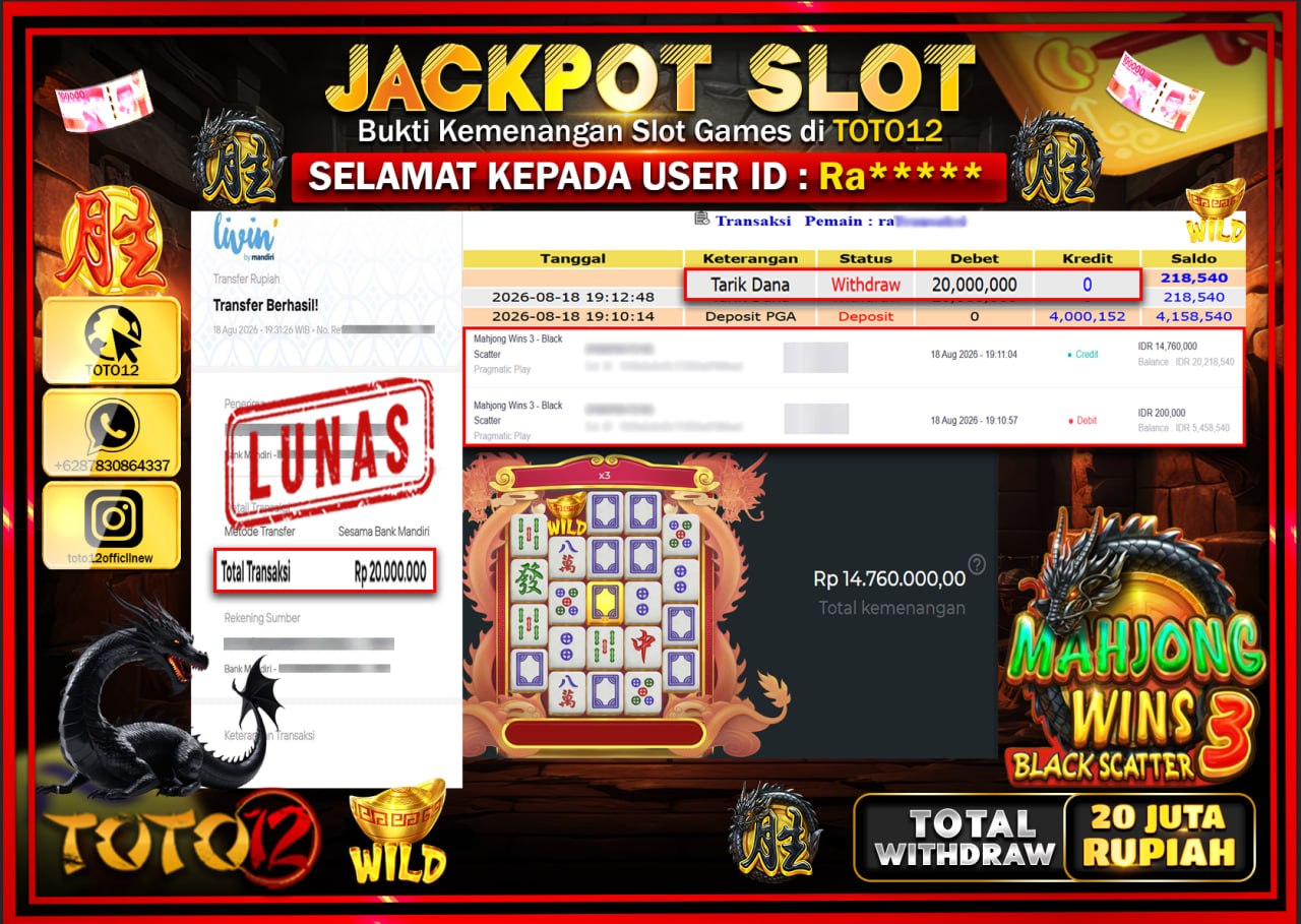 HANYA DI TOTO12 JP PASTI DI BAYAR LUNAS DAN CEPAT!!!!!! JACKPOT SLOT GAME (MAHJONG WINS 3 BLACK SCATTER) Rp20.000.000!!!!
