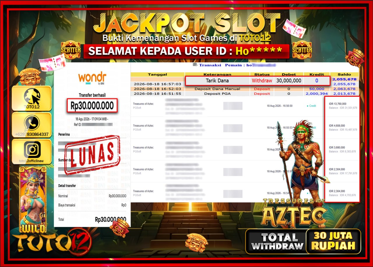 HANYA DI TOTO12 JP PASTI DI BAYAR LUNAS DAN CEPAT!!!!!! JACKPOT SLOT GAME (TREASURES OF AZTEC) Rp30.000.000!!!!