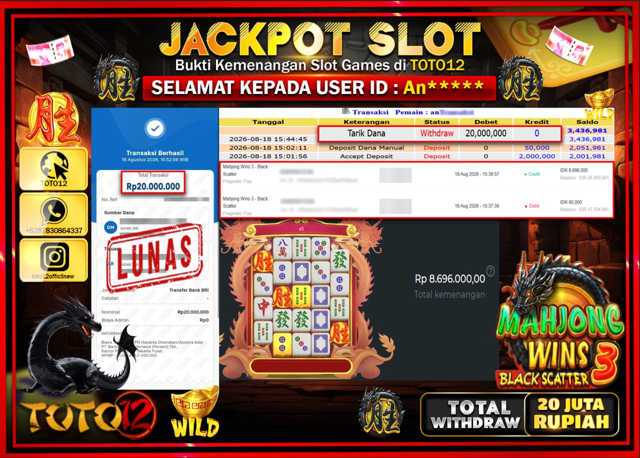 HANYA DI TOTO12 JP PASTI DI BAYAR LUNAS DAN CEPAT!!!!!! JACKPOT SLOT GAME (MAHJONG WINS 3 BLACK SCATTER) Rp20.000.000!!!!