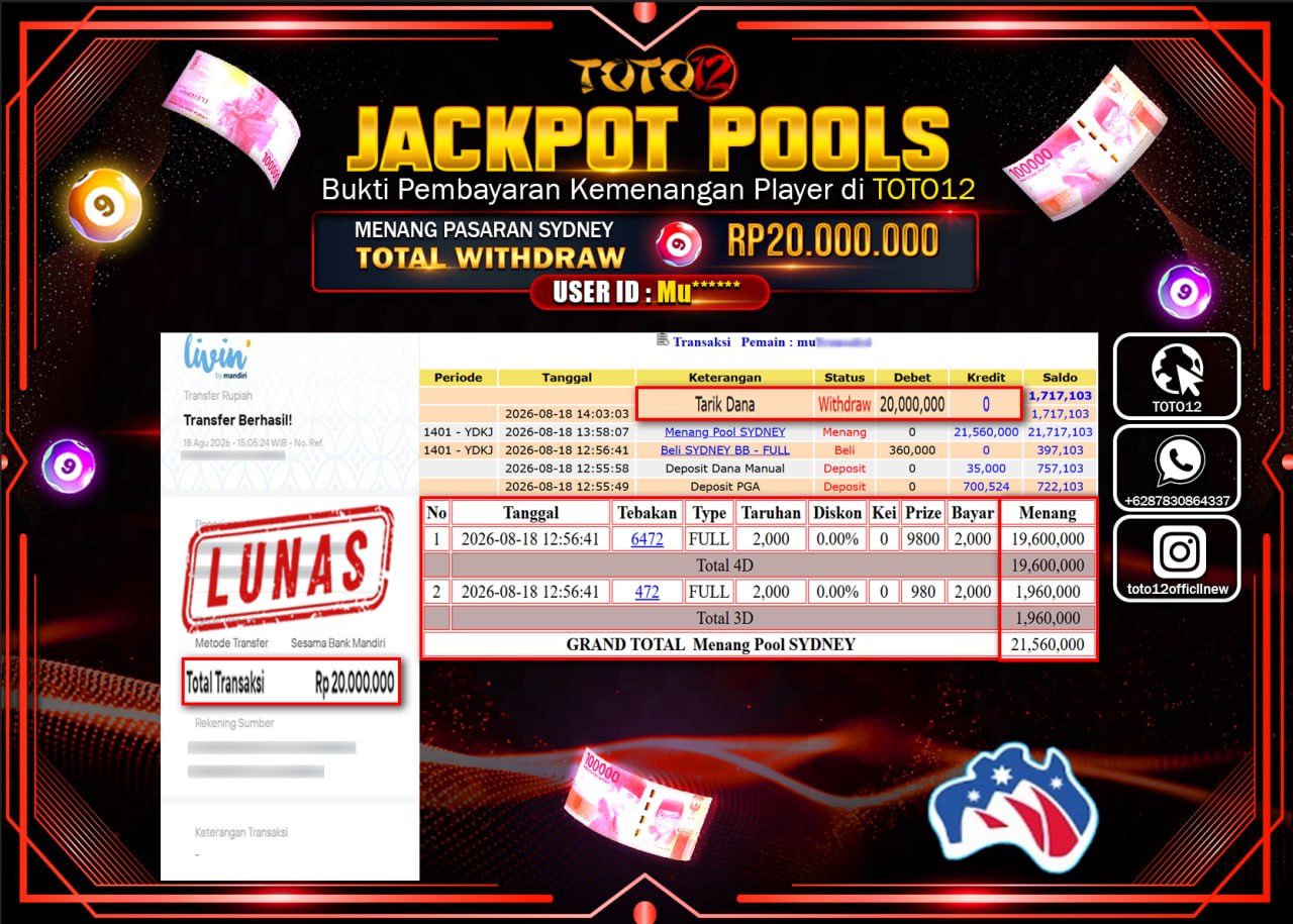 HANYA DI TOTO12 JP PASTI DI BAYAR LUNAS DAN CEPAT!!!!!! JACKPOT POOLS PASARAN (SYDNEY) Rp20.000.000!!!!