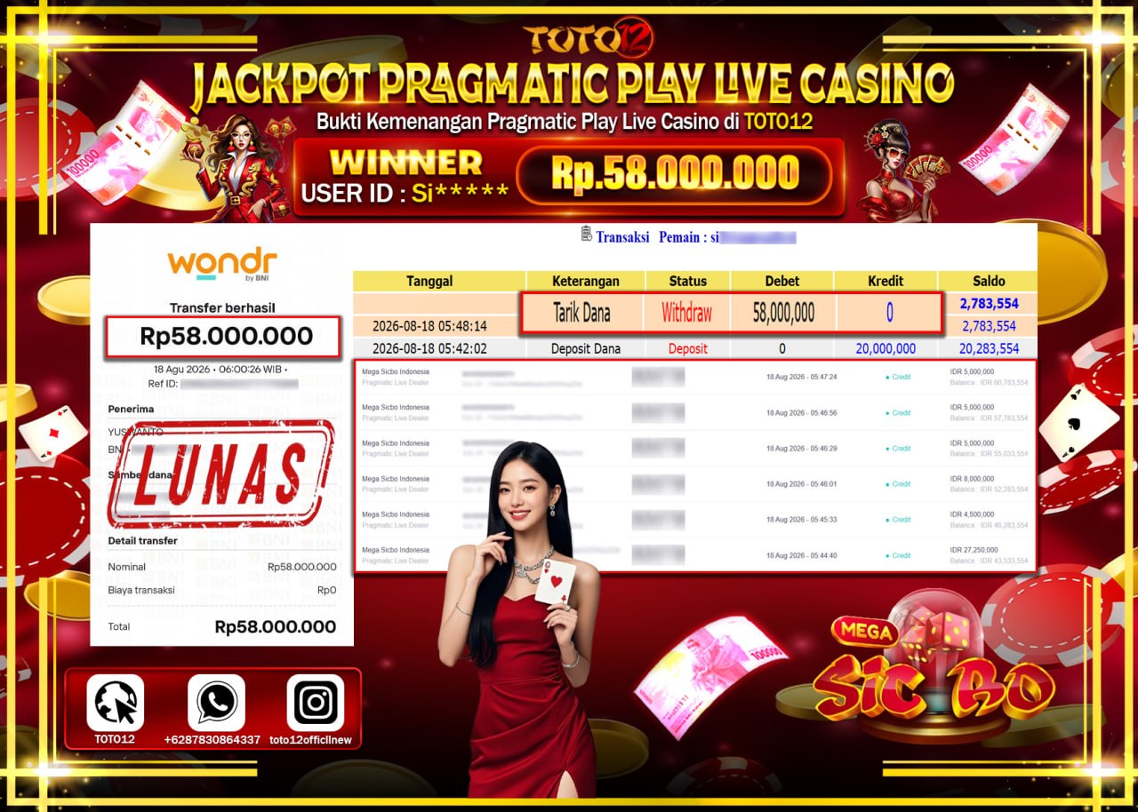 HANYA DI TOTO12 JP PASTI DI BAYAR LUNAS DAN CEPAT!!!!!! JACKPOT PRAGMATIC PLAY LIVE GAME CASINO (MEGA SICBO INDONESIA) Rp58.000.000!!!!