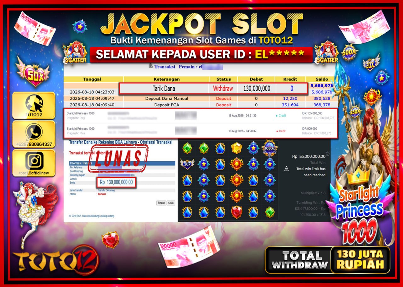 HANYA DI TOTO12 JP PASTI DI BAYAR LUNAS DAN CEPAT!!!!!! JACKPOT SLOT GAME (STARLIGHT PRINCESS 1000) Rp130.000.000!!!!