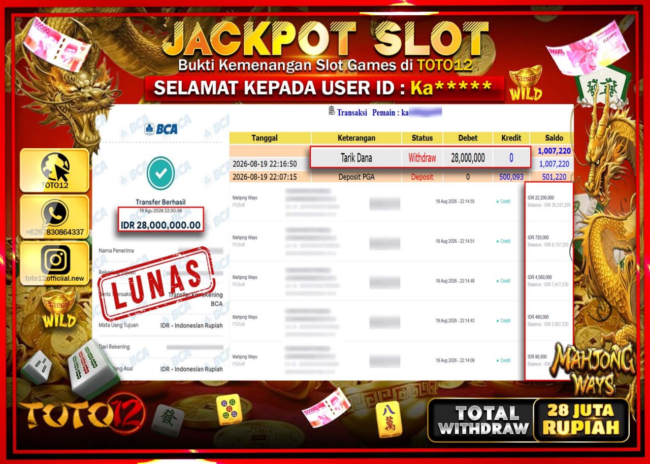 HANYA DI TOTO12 JP PASTI DI BAYAR LUNAS DAN CEPAT!!!!!! JACKPOT SLOT GAME (MAHJONG WAYS) Rp28.000.000!!!!