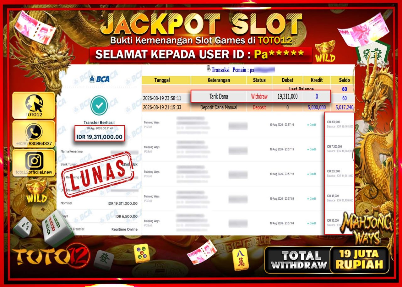 HANYA DI TOTO12 JP PASTI DI BAYAR LUNAS DAN CEPAT!!!!!! JACKPOT SLOT GAME (MAHJONG WAYS) Rp19.311.000!!!!