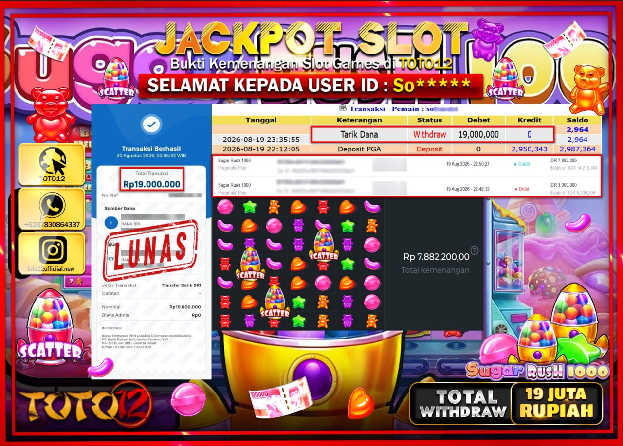 HANYA DI TOTO12 JP PASTI DI BAYAR LUNAS DAN CEPAT!!!!!! JACKPOT SLOT GAME (SUGAR RUSH 1000) Rp19.000.000!!!!