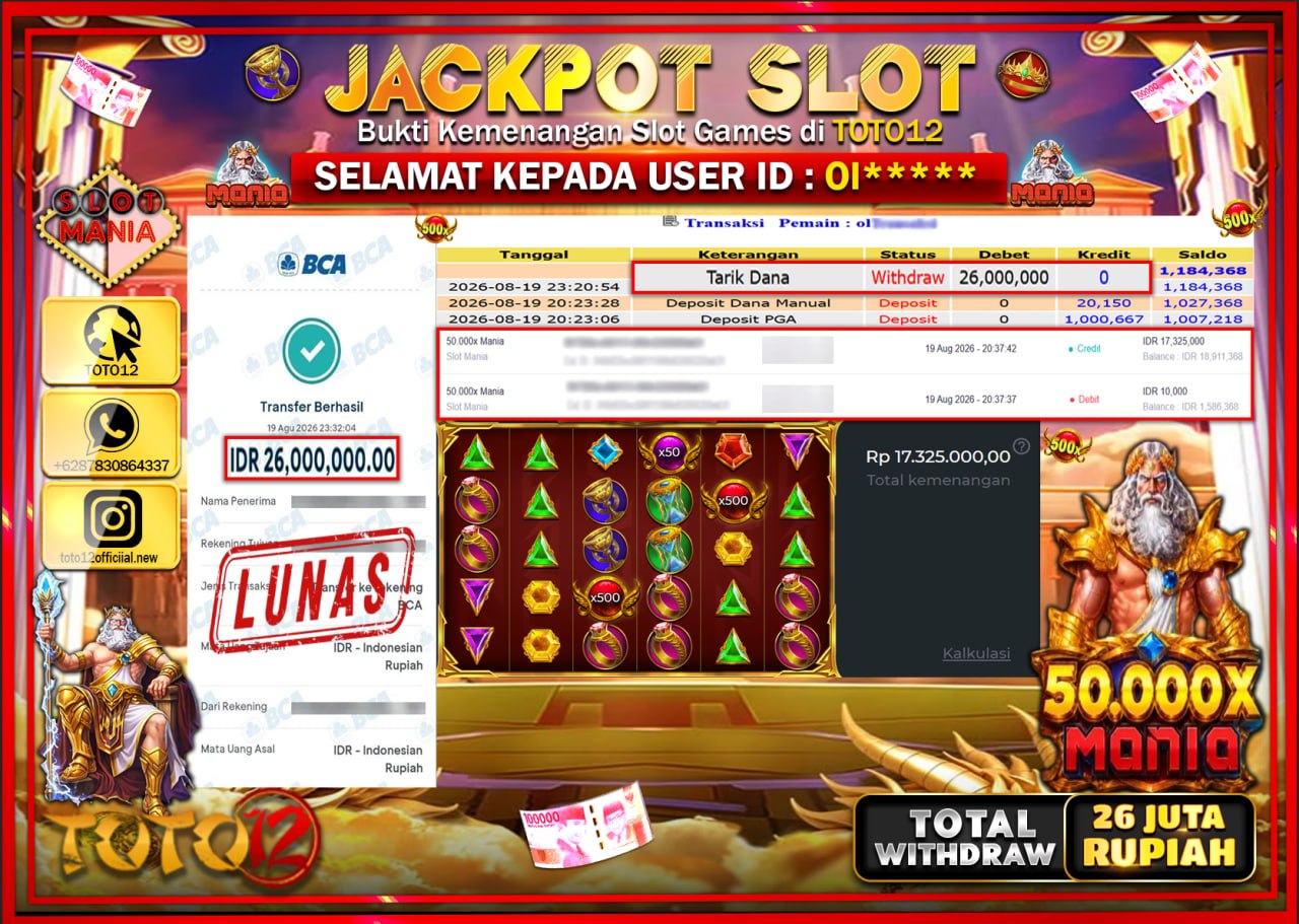 HANYA DI TOTO12 JP PASTI DI BAYAR LUNAS DAN CEPAT!!!!!! JACKPOT SLOT GAME (50.000 X MANIA) Rp26.000.000!!!!