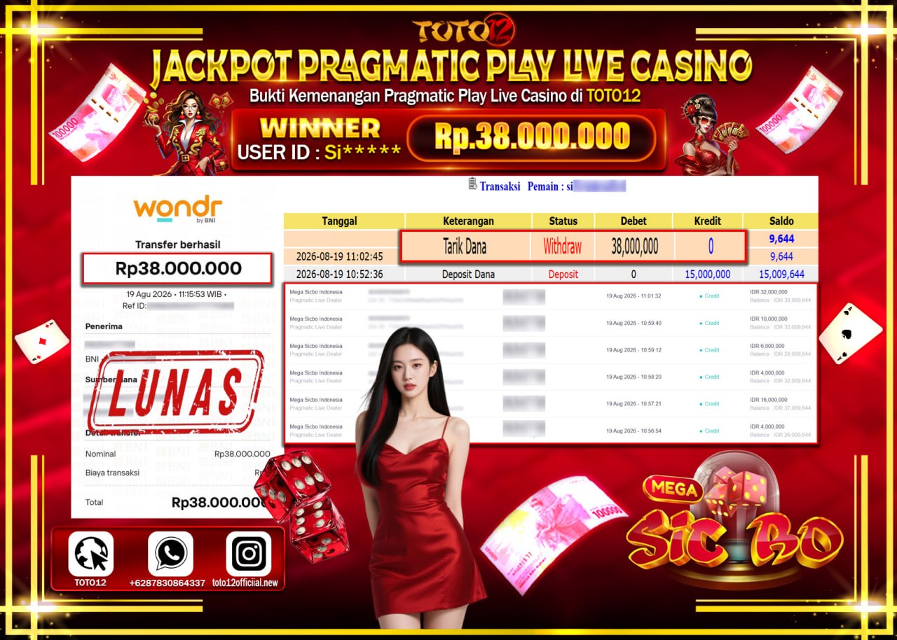 HANYA DI TOTO12 JP PASTI DI BAYAR LUNAS DAN CEPAT!!!!!! JACKPOT PRAGMATIC PLAY LIVE GAME CASINO (MEGA SICBO INDONESIA) Rp38.000.000!!!!