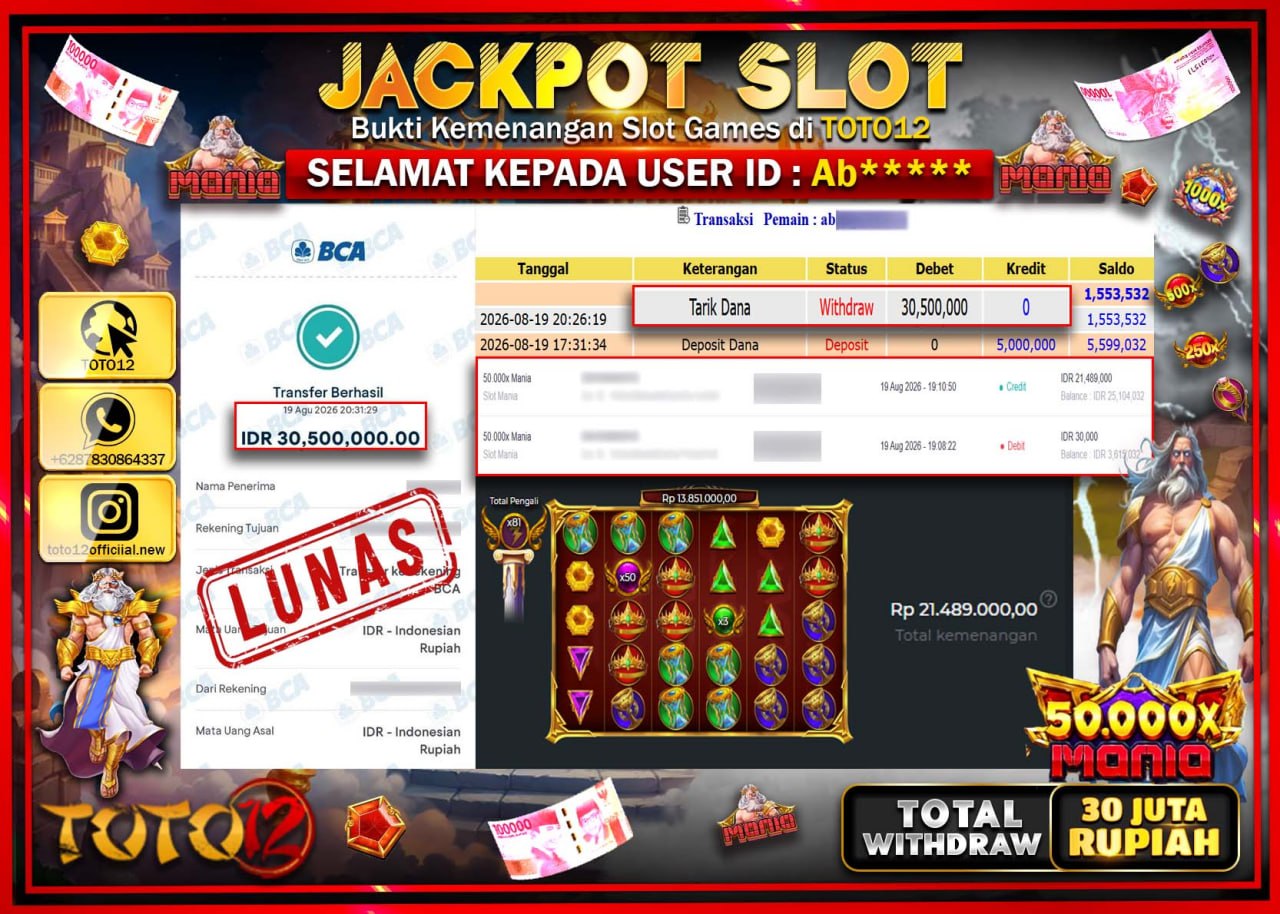 HANYA DI TOTO12 JP PASTI DI BAYAR LUNAS DAN CEPAT!!!!!! JACKPOT SLOT GAME (50.000  X MANIA) Rp30.500.000!!!!