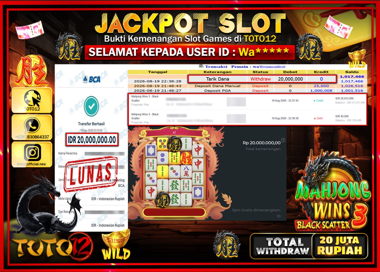HANYA DI TOTO12 JP PASTI DI BAYAR LUNAS DAN CEPAT!!!!!! JACKPOT SLOT GAME (MAHJONG WINS 3 BLACK SCATTER) Rp20.000.000!!!!
