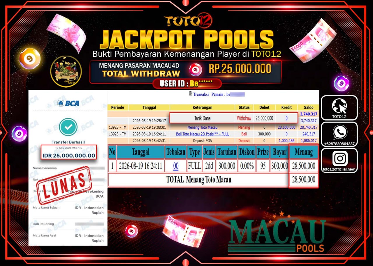 HANYA DI TOTO12 JP PASTI DI BAYAR LUNAS DAN CEPAT!!!!!! JACKPOT POOLS PASARAN (MACAU 4D) Rp25.000.000!!!!