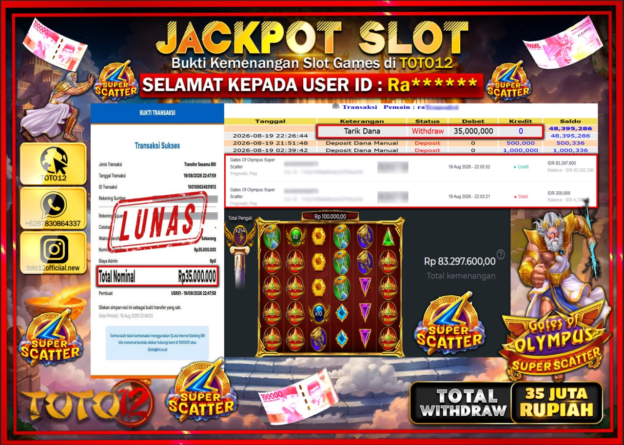 HANYA DI TOTO12 JP PASTI DI BAYAR LUNAS DAN CEPAT!!!!!! JACKPOT SLOT GAME (GATES OF OLYMPUS SUPER SCATTER) Rp35.000.000!!!!