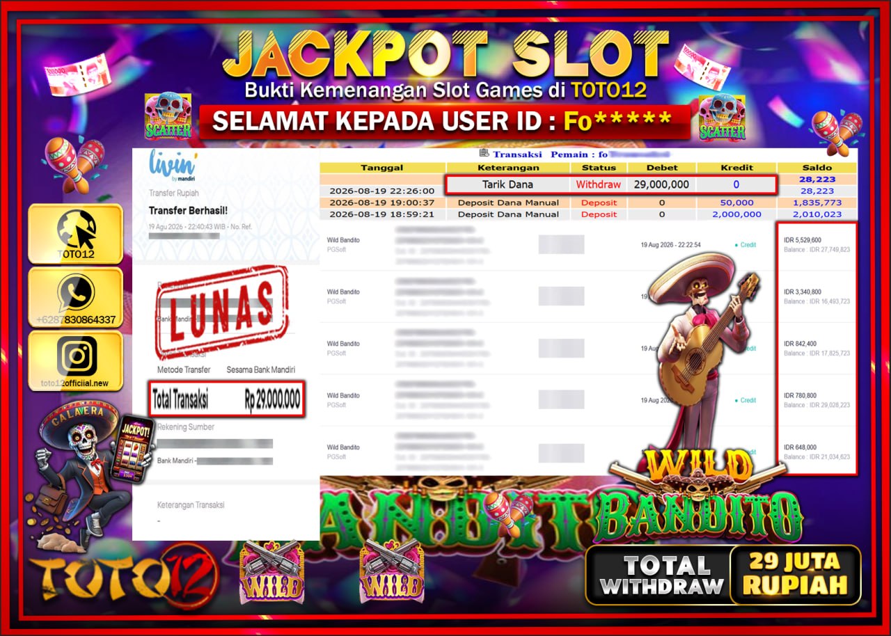 HANYA DI TOTO12 JP PASTI DI BAYAR LUNAS DAN CEPAT!!!!!! JACKPOT SLOT GAME (WILD BANDITO) Rp29.000.000!!!!