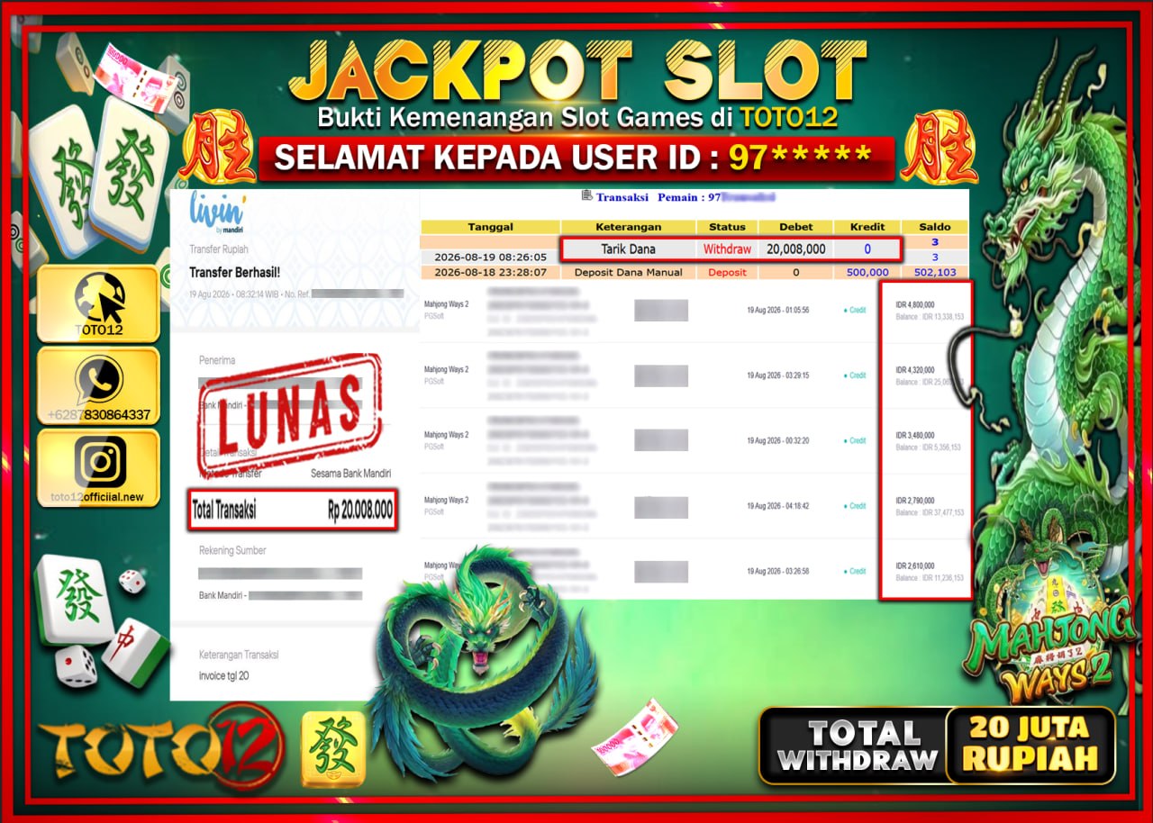 HANYA DI TOTO12 JP PASTI DI BAYAR LUNAS DAN CEPAT!!!!!! JACKPOT SLOT GAME (MAHJONG WAYS 2) Rp20.000.000!!!!