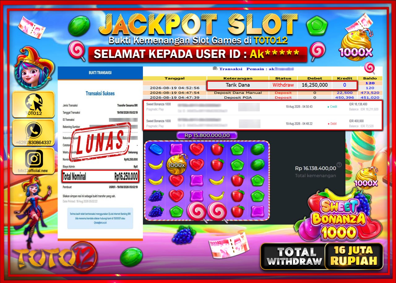 HANYA DI TOTO12 JP PASTI DI BAYAR LUNAS DAN CEPAT!!!!!! JACKPOT SLOT GAME (SWEET BONANZA 1000) Rp16.250.000!!!!