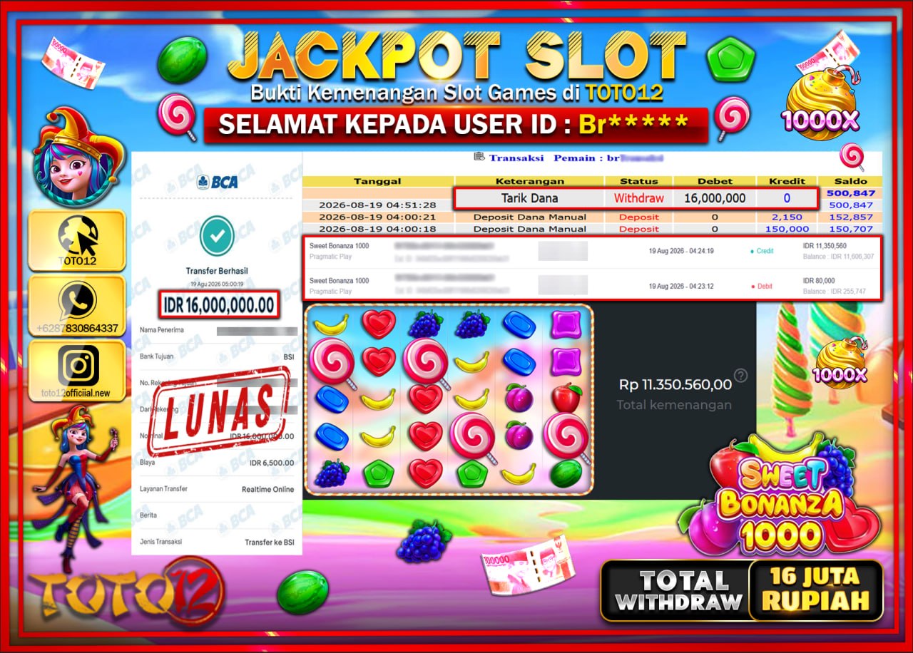 HANYA DI TOTO12 JP PASTI DI BAYAR LUNAS DAN CEPAT!!!!!! JACKPOT SLOT GAME (SWEET BONANZA 1000) Rp16.000.000!!!!
