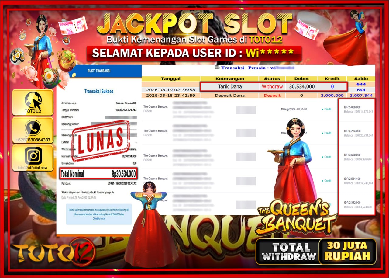 HANYA DI TOTO12 JP PASTI DI BAYAR LUNAS DAN CEPAT!!!!!! JACKPOT SLOT GAME (THE QUEENS BANGUET) Rp30.534.000!!!!