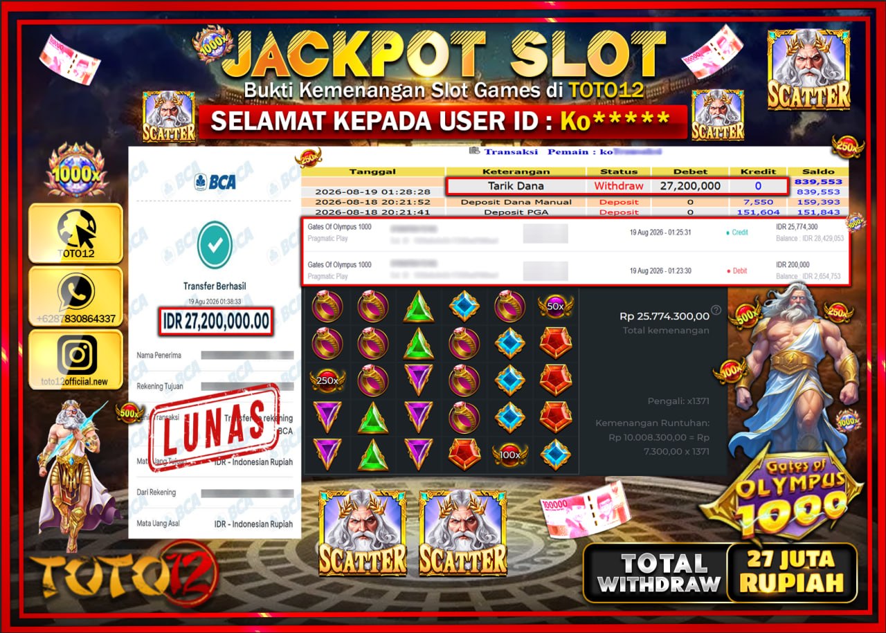 HANYA DI TOTO12 JP PASTI DI BAYAR LUNAS DAN CEPAT!!!!!! JACKPOT SLOT GAME (GATES OF OLYMPUS 1000) Rp27.200.000!!!!