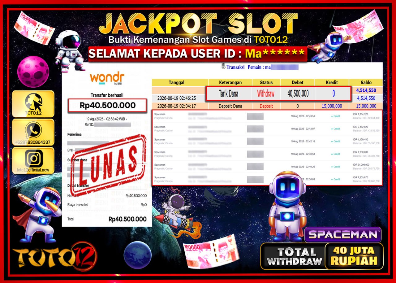 HANYA DI TOTO12 JP PASTI DI BAYAR LUNAS DAN CEPAT!!!!!! JACKPOT SLOT GAME (SPACEMAN) Rp40.500.000!!!!