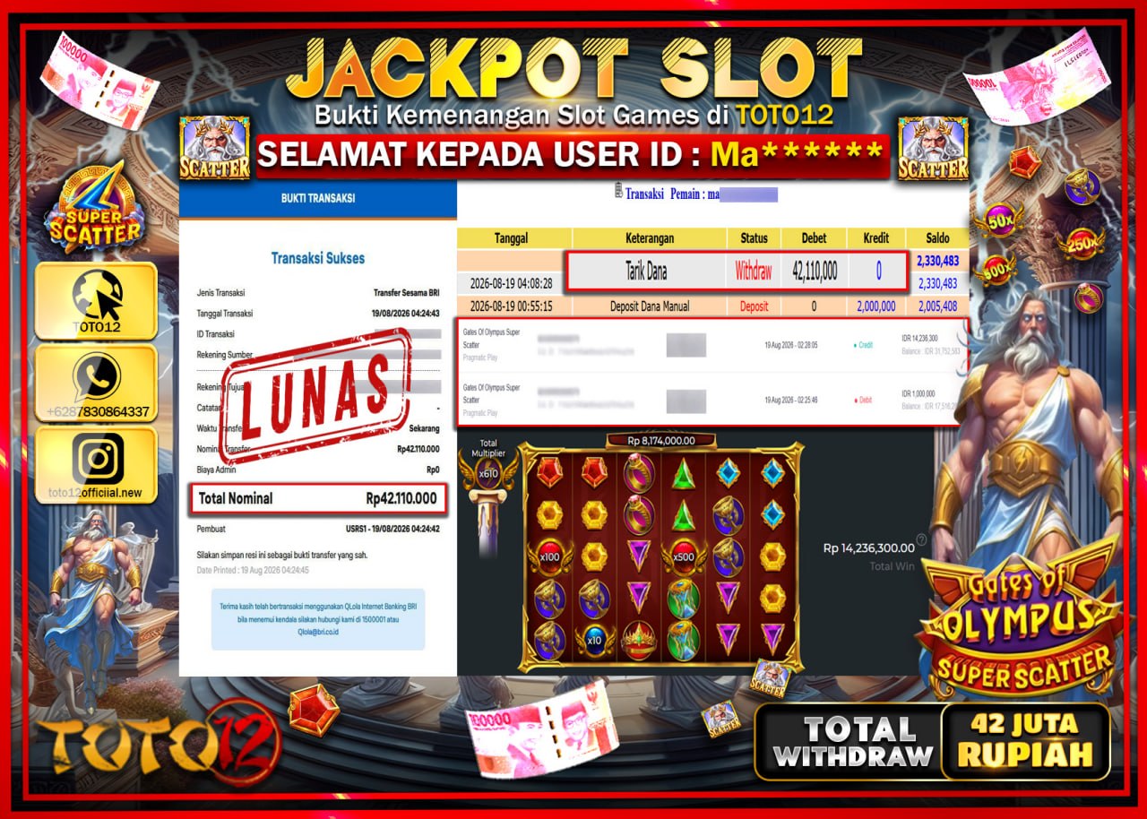 HANYA DI TOTO12 JP PASTI DI BAYAR LUNAS DAN CEPAT!!!!!! JACKPOT SLOT GAME (GATES OF OLYMPUS SUPER SCATTER) Rp42.110.000!!!!