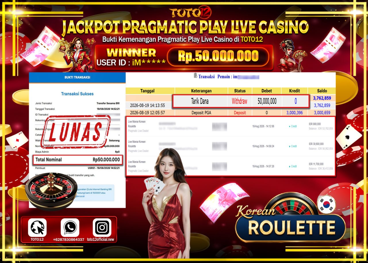 HANYA DI TOTO12 JP PASTI DI BAYAR LUNAS DAN CEPAT!!!!!! JACKPOT PRAGMATIC PLAY LIVE GAME CASINO (LIVE MANIA KOREAN ROULETTE) Rp50.000.000!!!!