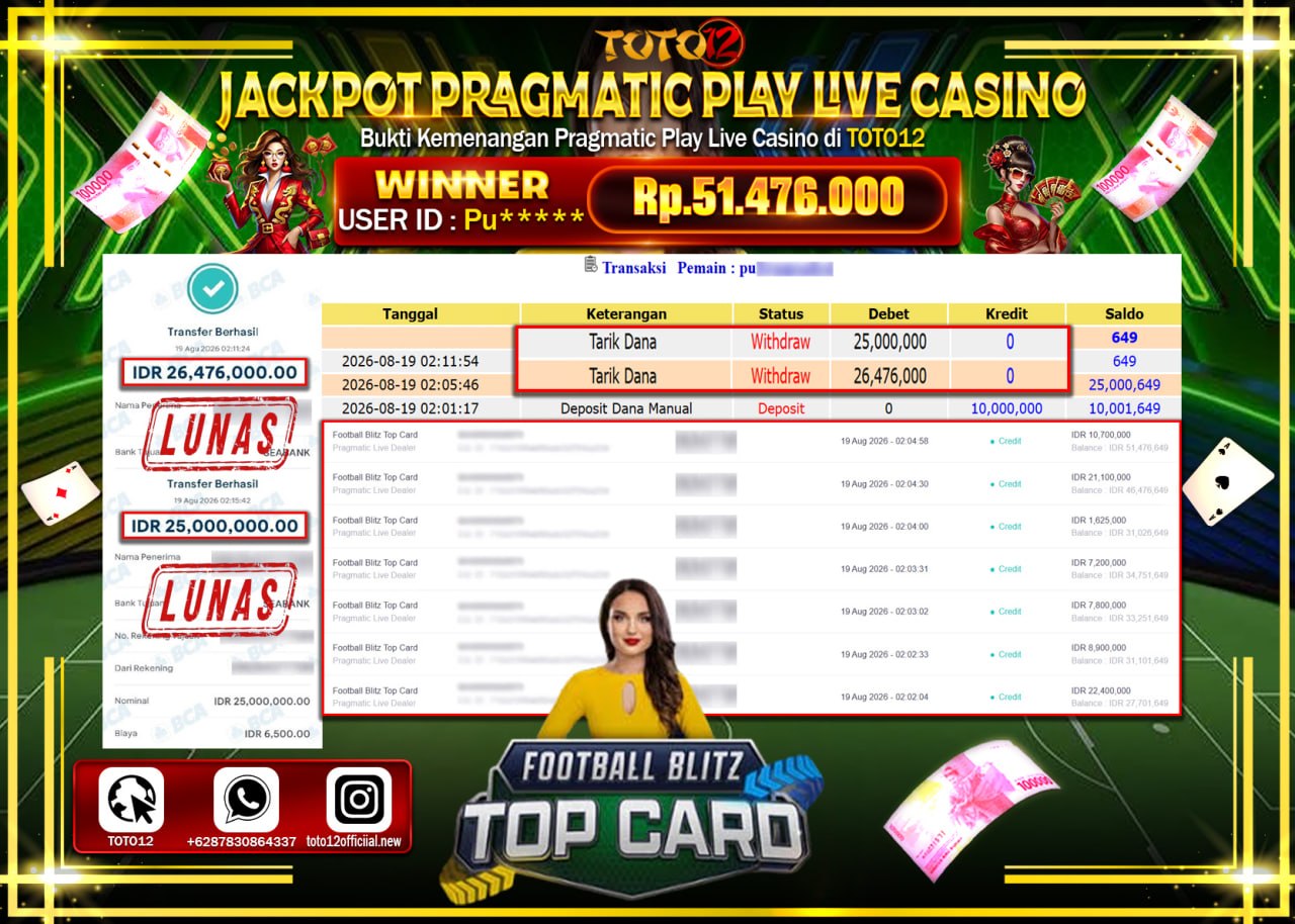 HANYA DI TOTO12 JP PASTI DI BAYAR LUNAS DAN CEPAT!!!!!! JACKPOT PRAGMATIC PLAY LIVE GAME CASINO (FOOTBALL BITZ TOP CARD) Rp51.476.000!!!!