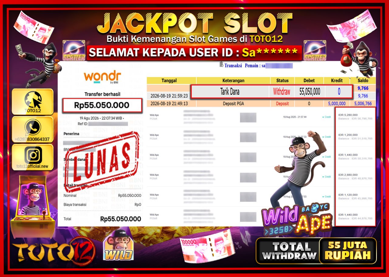 HANYA DI TOTO12 JP PASTI DI BAYAR LUNAS DAN CEPAT!!!!!! JACKPOT SLOT GAME (WILD APE) Rp55.050.000!!!!