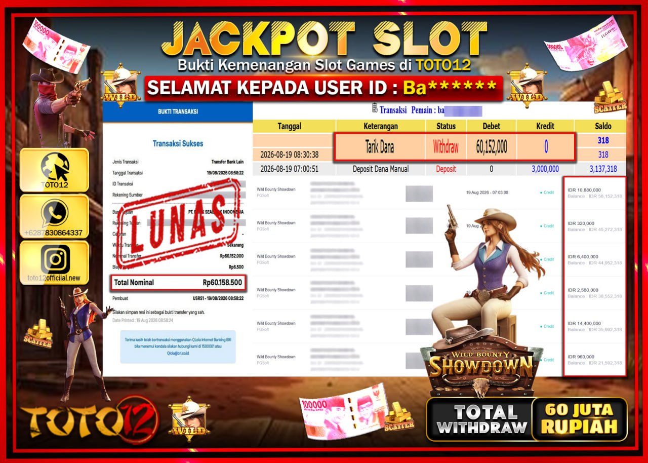 HANYA DI TOTO12 JP PASTI DI BAYAR LUNAS DAN CEPAT!!!!!! JACKPOT SLOT GAME (WILD BOUNTY SHOWDOWN) Rp60.152.000!!!!