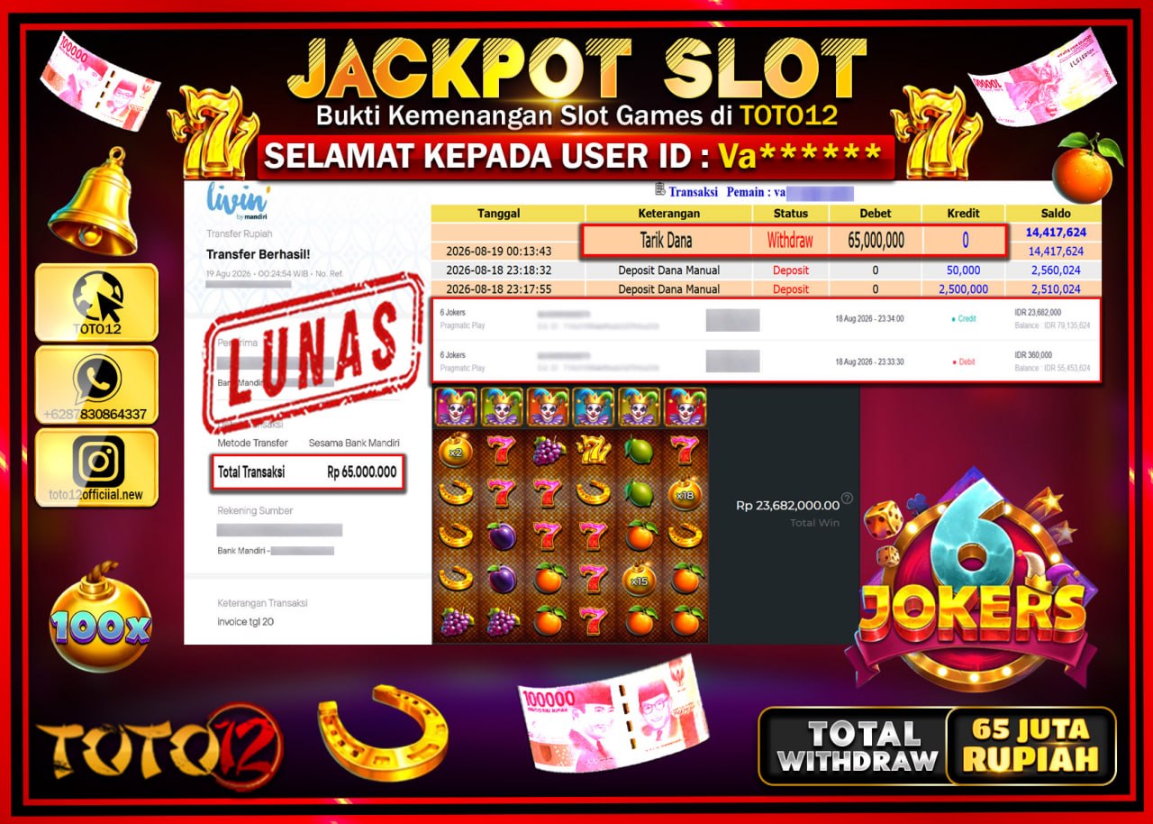 HANYA DI TOTO12 JP PASTI DI BAYAR LUNAS DAN CEPAT!!!!!! JACKPOT SLOT GAME (6 JOKER) Rp65.000.000!!!!