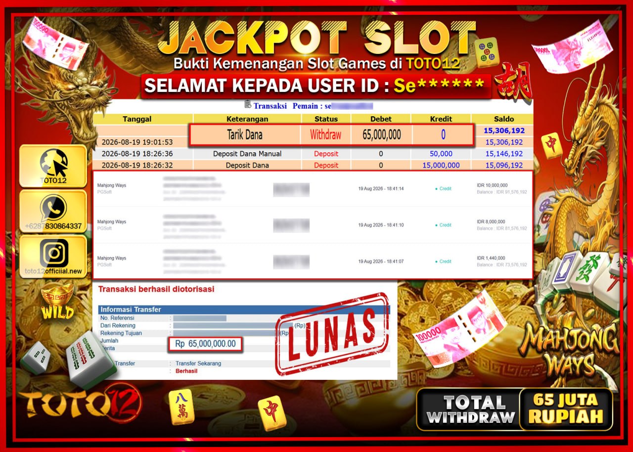 HANYA DI TOTO12 JP PASTI DI BAYAR LUNAS DAN CEPAT!!!!!! JACKPOT SLOT GAME (MAHJONG WAYS) Rp65.000.000!!!!