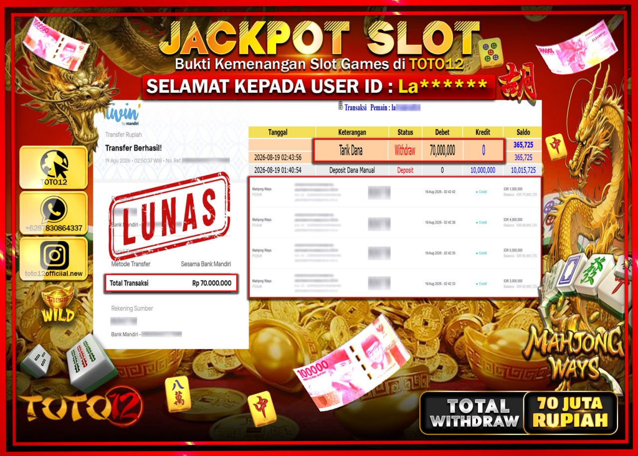 HANYA DI TOTO12 JP PASTI DI BAYAR LUNAS DAN CEPAT!!!!!! JACKPOT SLOT GAME (MAHJONG WAYS) Rp70.000.000!!!!