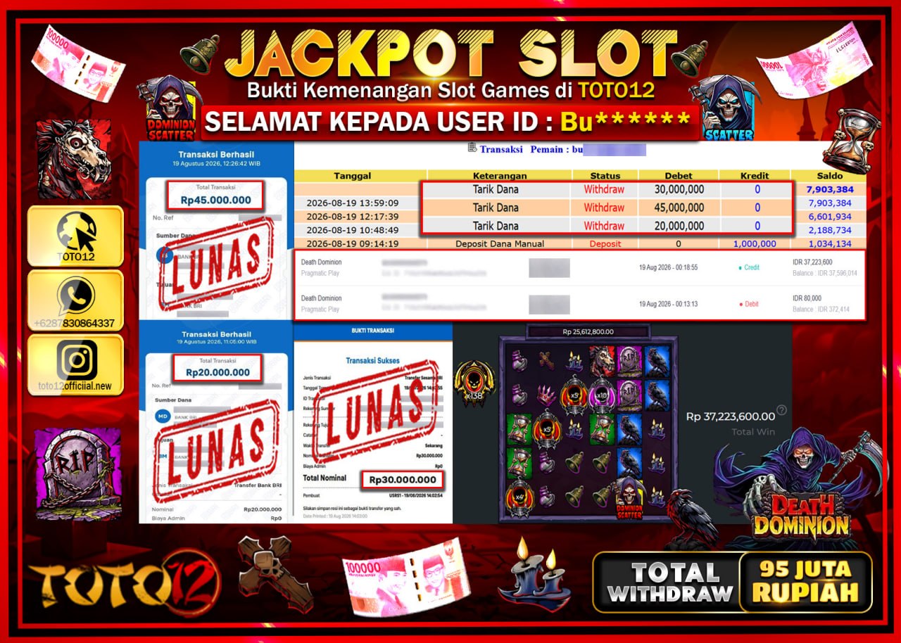 HANYA DI TOTO12 JP PASTI DI BAYAR LUNAS DAN CEPAT!!!!!! JACKPOT SLOT GAME (DEATH DOMINION) Rp95.000.000!!!!
