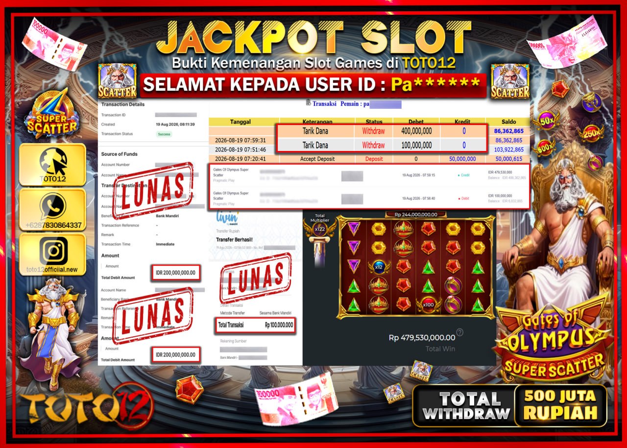 HANYA DI TOTO12 JP PASTI DI BAYAR LUNAS DAN CEPAT!!!!!! JACKPOT SLOT GAME (GATES OF OLYMPUS SUPER SCATTER) Rp500.000.000!!!!