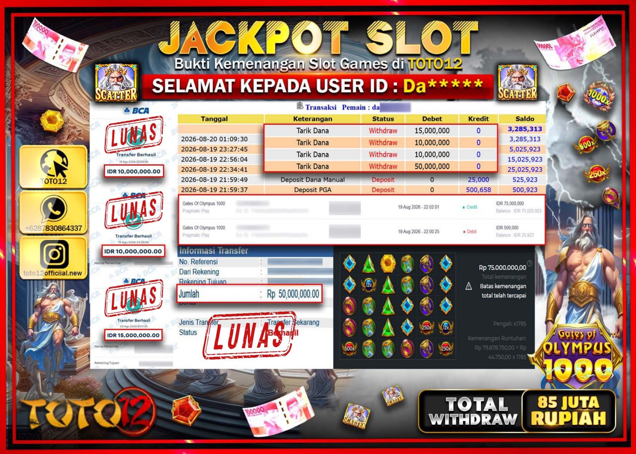 HANYA DI TOTO12 JP PASTI DI BAYAR LUNAS DAN CEPAT!!!!!! JACKPOT SLOT GAME (GATES OF OLYMPUS 1000) Rp85.000.000!!!!