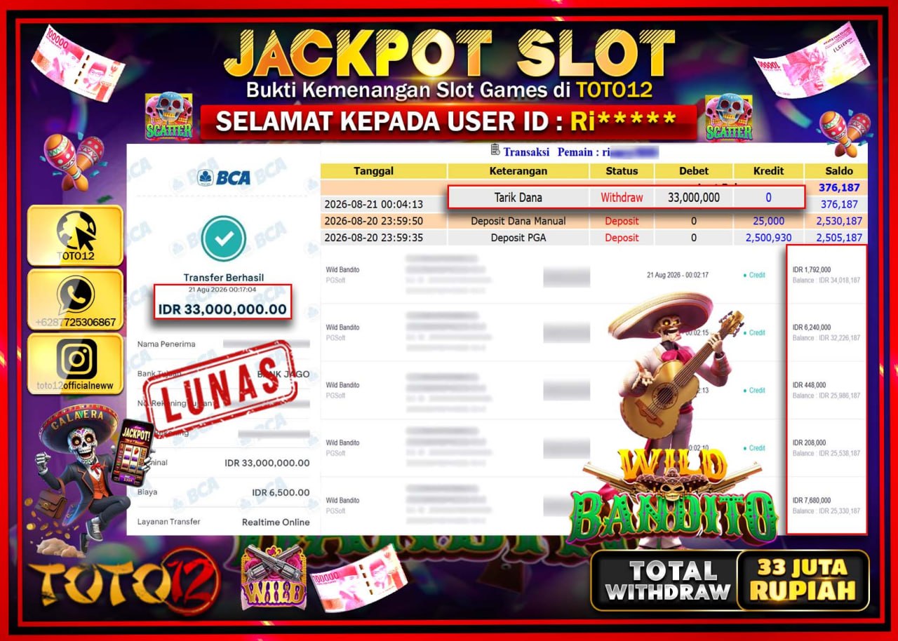 HANYA DI TOTO12 JP PASTI DI BAYAR LUNAS DAN CEPAT!!!!!! JACKPOT SLOT GAME (WILD BANDITO) Rp33.000.000!!!!