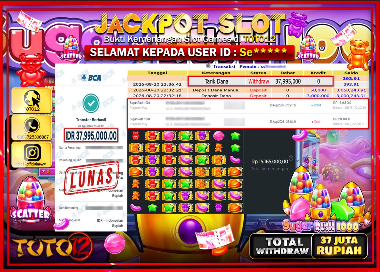 HANYA DI TOTO12 JP PASTI DI BAYAR LUNAS DAN CEPAT!!!!!! JACKPOT SLOT GAME (SUGAR RUSH 1000) Rp37.995.000!!!!