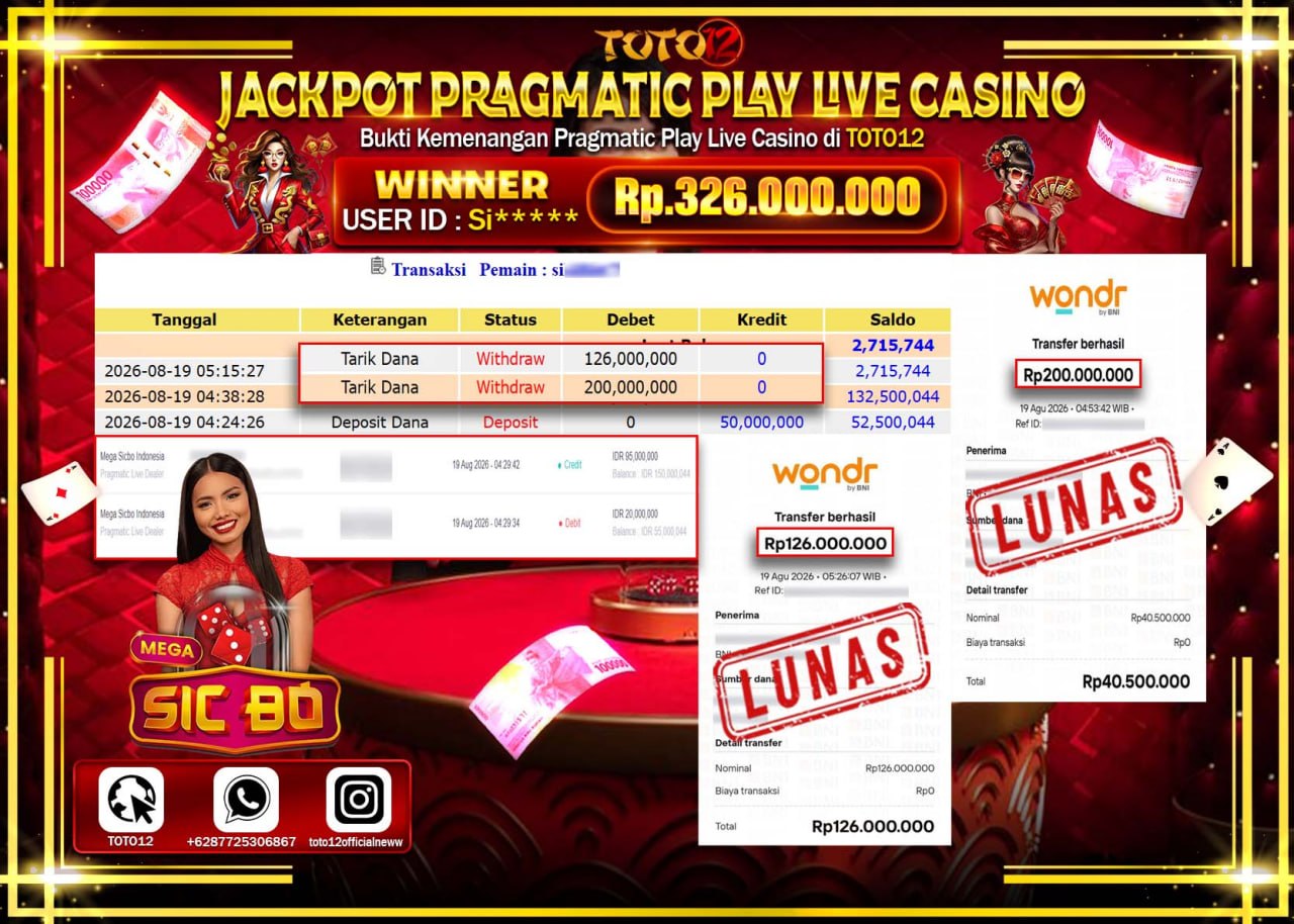 HANYA DI TOTO12 JP PASTI DI BAYAR LUNAS DAN CEPAT!!!!!! JACKPOT PRAGMATIC PLAY LIVE GAME CASINO (MEGA SICBO INDONESIA) Rp326.000.000!!!!