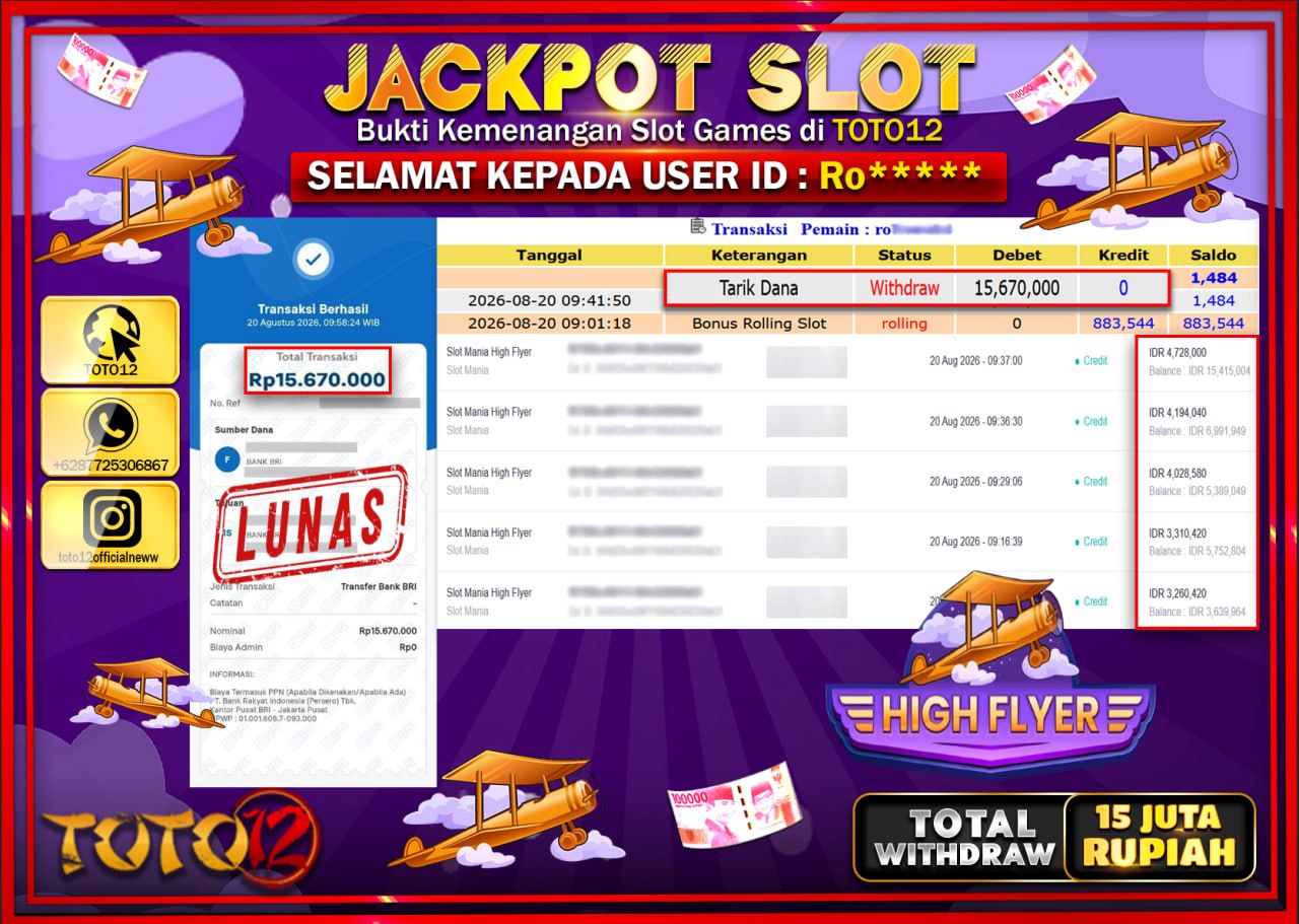 HANYA DI TOTO12 JP PASTI DI BAYAR LUNAS DAN CEPAT!!!!!! JACKPOT SLOT GAME (HIGH FLAYER) Rp15.670.000!!!!