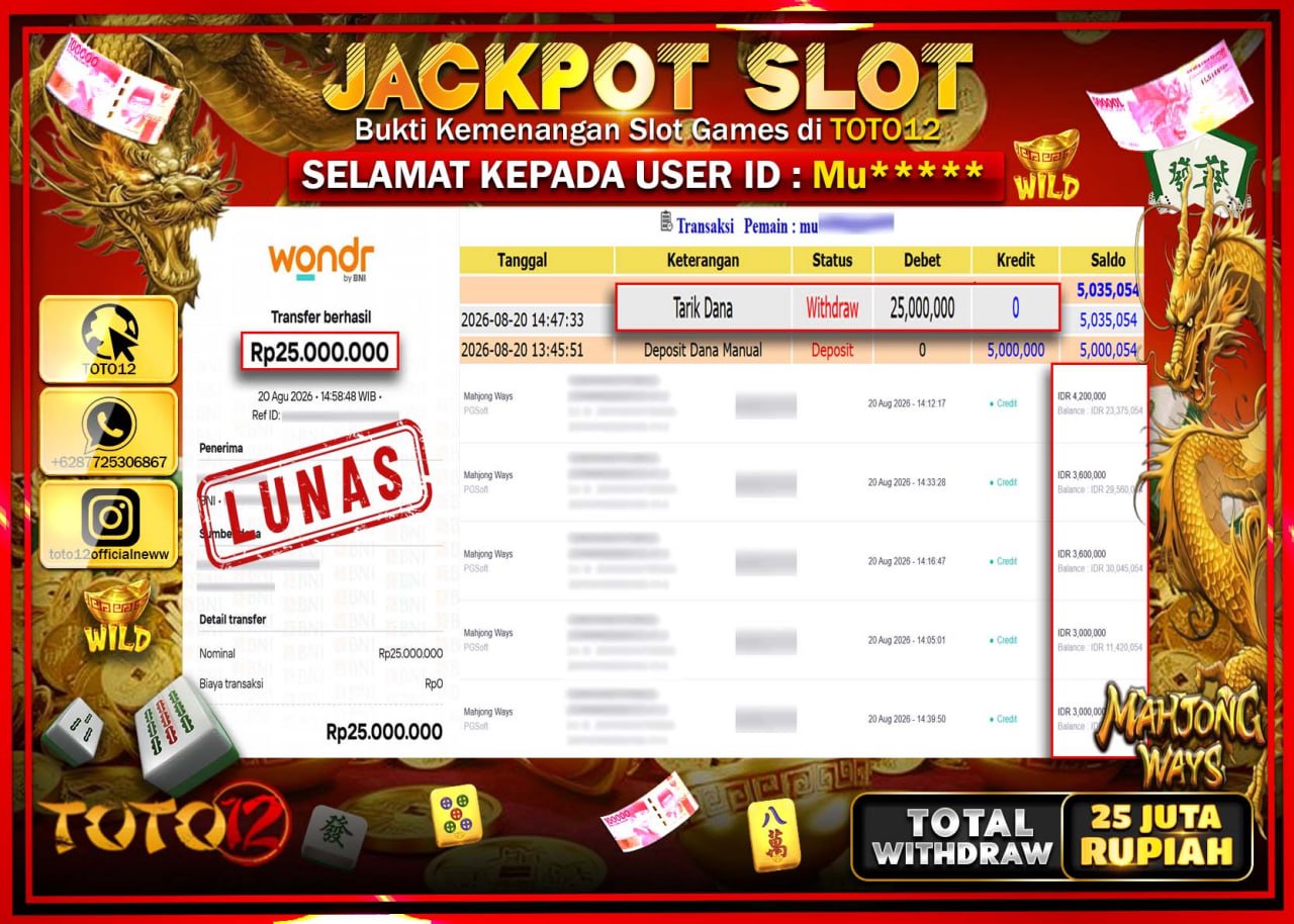 HANYA DI TOTO12 JP PASTI DI BAYAR LUNAS DAN CEPAT!!!!!! JACKPOT SLOT GAME (MAHJONG WAYS) Rp25.000.000!!!!