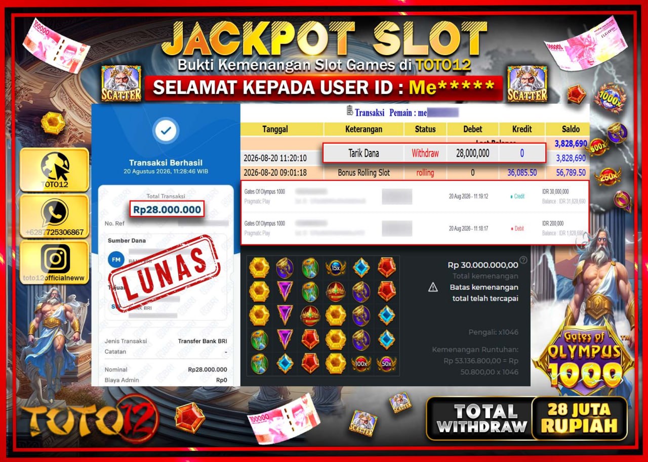 HANYA DI TOTO12 JP PASTI DI BAYAR LUNAS DAN CEPAT!!!!!! JACKPOT SLOT GAME (GATES OF OLYMPUS 1000) Rp28.000.000!!!!