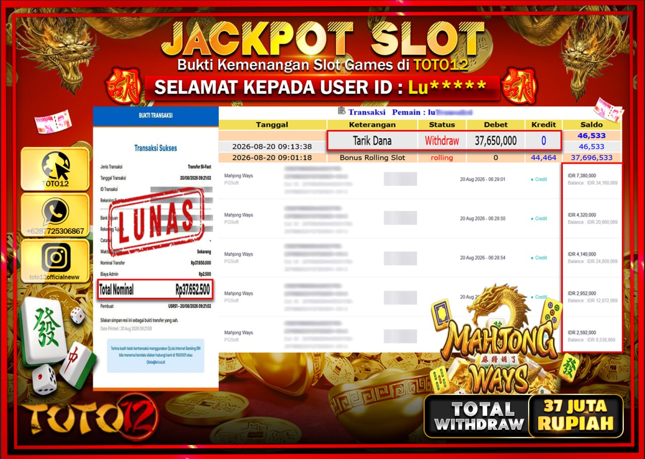 HANYA DI TOTO12 JP PASTI DI BAYAR LUNAS DAN CEPAT!!!!!! JACKPOT SLOT GAME (MAHJONG WAYS) Rp37.650.000!!!!