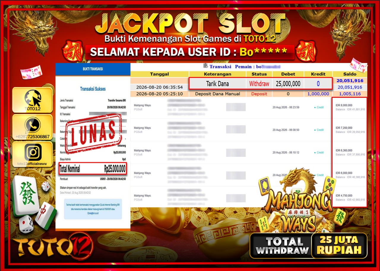 HANYA DI TOTO12 JP PASTI DI BAYAR LUNAS DAN CEPAT!!!!!! JACKPOT SLOT GAME (MAHJONG WAYS) Rp25.000.000!!!!