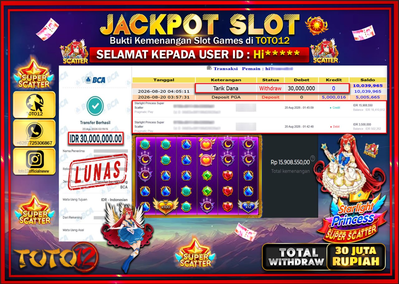 HANYA DI TOTO12 JP PASTI DI BAYAR LUNAS DAN CEPAT!!!!!! JACKPOT SLOT GAME (STARLIGHT PRINCESS SUPER SCATTER) Rp30.000.000!!!!