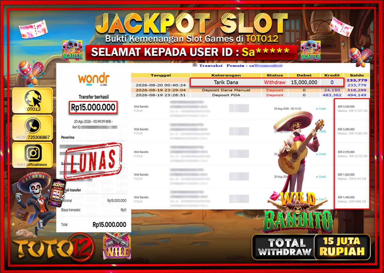 HANYA DI TOTO12 JP PASTI DI BAYAR LUNAS DAN CEPAT!!!!!! JACKPOT SLOT GAME (WILD BANDITO) Rp15.000.000!!!!